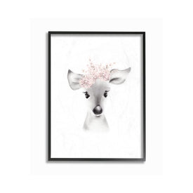 Sketched Fluffy Deer Flowers 24"x30" XXL Black Framed Giclee Texturized Art