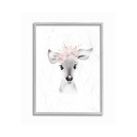 Sketched Fluffy Deer Flowers 16"x20" Oversized Rustic Gray Framed Giclee Texturized Art
