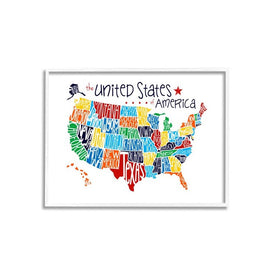 Colorful USA Map with State Names Typography 24"x30" Oversized White Framed Giclee Texturized Art
