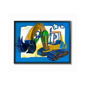 Yellow Excavator with Blue Border 16"x20" Oversized Black Framed Giclee Texturized Art
