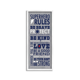 Gray and Navy Superhero Rules Typography 13"x30" Oversized White Framed Giclee Texturized Art