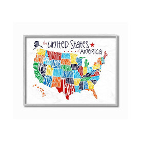 Colorful USA Map with State Names Typography 24"x30" Oversized Rustic Gray Framed Giclee Texturized Art