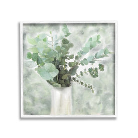 Sage Green Painterly Eucalyptus In White Vase 24"x24" Oversized White Framed Giclee Texturized Art
