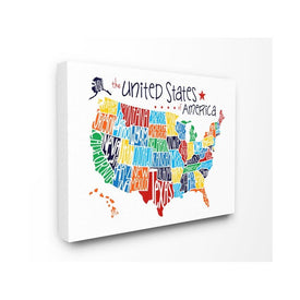 Colorful USA Map with State Names Typography 16"x20" Stretched Canvas Wall Art