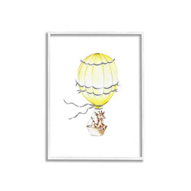 Cute Cartoon Giraffe In Hot Air Balloon Zoo Animal Painting 16"x20" White Framed Giclee Texturized Art
