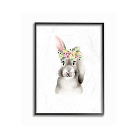 Cute Cartoon Baby Bunny Rabbit Flower Crown Forest Animal Painting 24"x30" XXL Black Framed Giclee Texturized Art