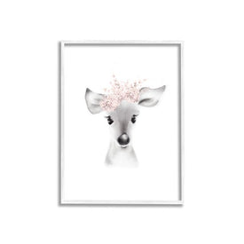 Sketched Fluffy Deer Flowers 24"x30" Oversized White Framed Giclee Texturized Art