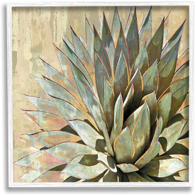 Green Painted Botanical Succulent Agave Leaves 24"x24" Oversized White Framed Giclee Texturized Art
