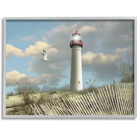 Cape May Sand Dune Fence Lighthouse Beach Scene with Seagull 11"x14" Rustic Gray Framed Giclee Texturized Art