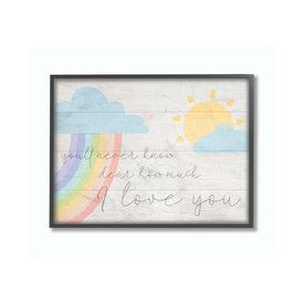 How Much I Love You Rainbow Clouds and Sun on Planks 16"x20" Oversized Black Framed Giclee Texturized Art