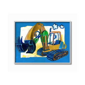 Yellow Excavator with Blue Border 11"x14" Rustic Gray Framed Giclee Texturized Art