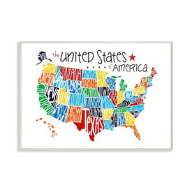 Colorful USA Map with State Names Typography 10"x15" Wall Plaque Art