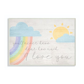 How Much I Love You Rainbow Clouds and Sun on Planks 13"x19" Oversized Wall Plaque Art