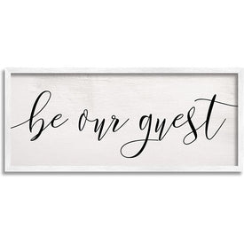 Be Our Guest Script White Wood Look Typography 13"x30" Oversized White Framed Giclee Texturized Art