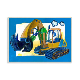 Yellow Excavator with Blue Border 13"x19" Oversized Wall Plaque Art