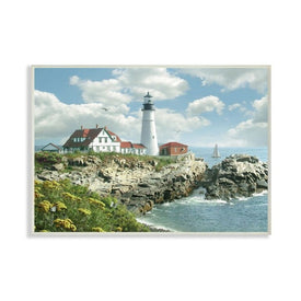 Portland Head Lighthouse Scene Grassy Ocean Side Peninsula with Sail Boat 10"x15" Wall Plaque Art