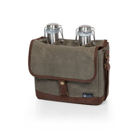 Insulated Double Growler Tote with 64 oz. Stainless Steel Growlers, Khaki Green with Brown Accents