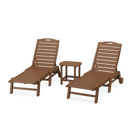 Nautical Three-Piece Chaise Lounge with Wheels Set with South Beach 18" Side Table - Teak