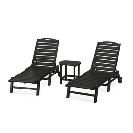 Nautical Three-Piece Chaise Lounge with Wheels Set with South Beach 18" Side Table - Black