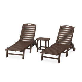 Nautical Three-Piece Chaise Lounge with Wheels Set with South Beach 18" Side Table - Mahogany