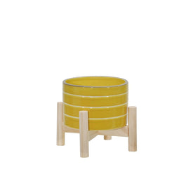 6" Striped Ceramic Planter with Wood Stand - Yellow