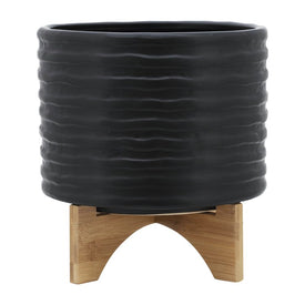 8" Textured Ceramic Planter with Wood Stand - Black