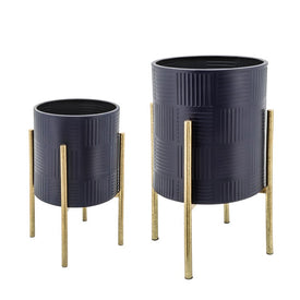 Basketweave Lines Planters on Metal Stands Set of 2 - Navy/Gold
