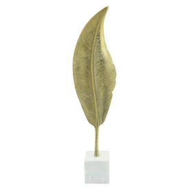 28" Metal Leaf on White Marble Stand - Gold