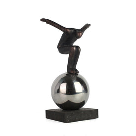 12" Metal Balancing Man on Sphere Sculpture - Bronze