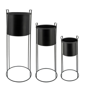 8"/10"/12" Round Metal Planters with Stands Set of 3 - Black