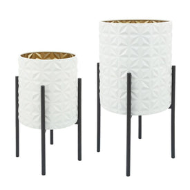 Aztec Planters on Metal Stands Set of 2 - White/Gold/Black