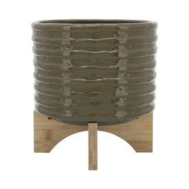 7" Textured Ceramic Planter with Wood Stand - Olive