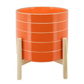 10" Striped Ceramic Planter with Wood Stand - Orange