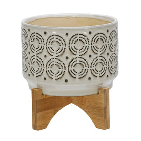 8" Dotted Swirls Pattern Ceramic Planter on Wood Stand - Ivory