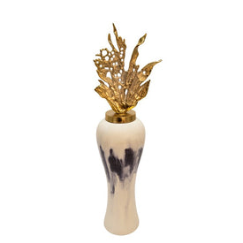 38" Metal Vase with Leaf-Like Lid - White