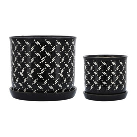 6"/8" Dots and Ceramic Dashes Planters with Saucers Set of 2 - Black
