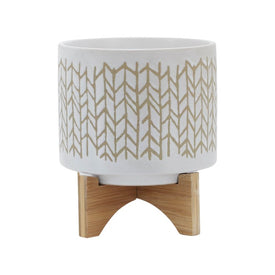 8" Chevron Ceramic Planter with Wood Stand - Beige/Ivory