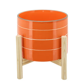 8" Striped Ceramic Planter with Wood Stand - Orange