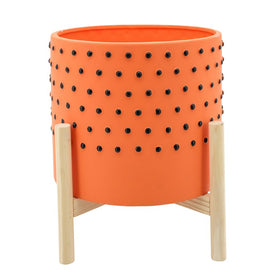 10" Polka Dots Ceramic Planter with Wood Stand - Orange