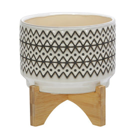 8" Tribal Pattern Ceramic Planter on Wood Stand - Ivory