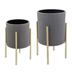 Ridges Planters on Metal Stands Set of 2 - Gray/Gold