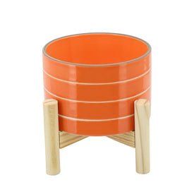 6" Striped Ceramic Planter with Wood Stand - Orange