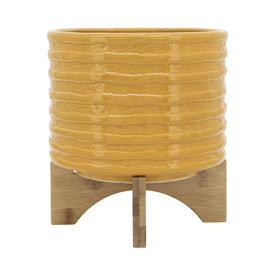 7" Textured Ceramic Planter with Wood Stand - Mustard