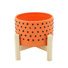 6" Polka Dots Planter with Wood Stand - Orange
