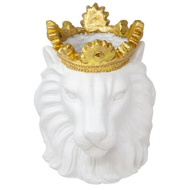 9" Polyresin Lion Head Planter with Crown - White