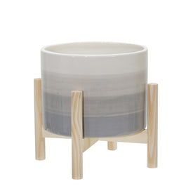 8" Tonal Stripes Ceramic Planter with Wood Stand - Beige Mix