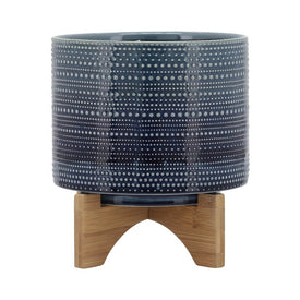 7" Dotted Ceramic Planter with Wood Stand - Blue