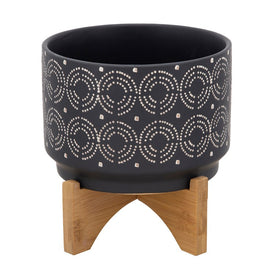 8" Dotted Swirls Ceramic Planter on Wood Stand - Black