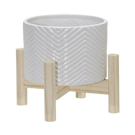 6" Chevron Ridges Ceramic Planter with Wood Stand - White