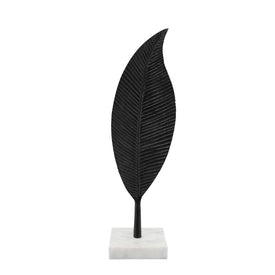 18" Metal Leaf Sculpture on Marble Base - Black